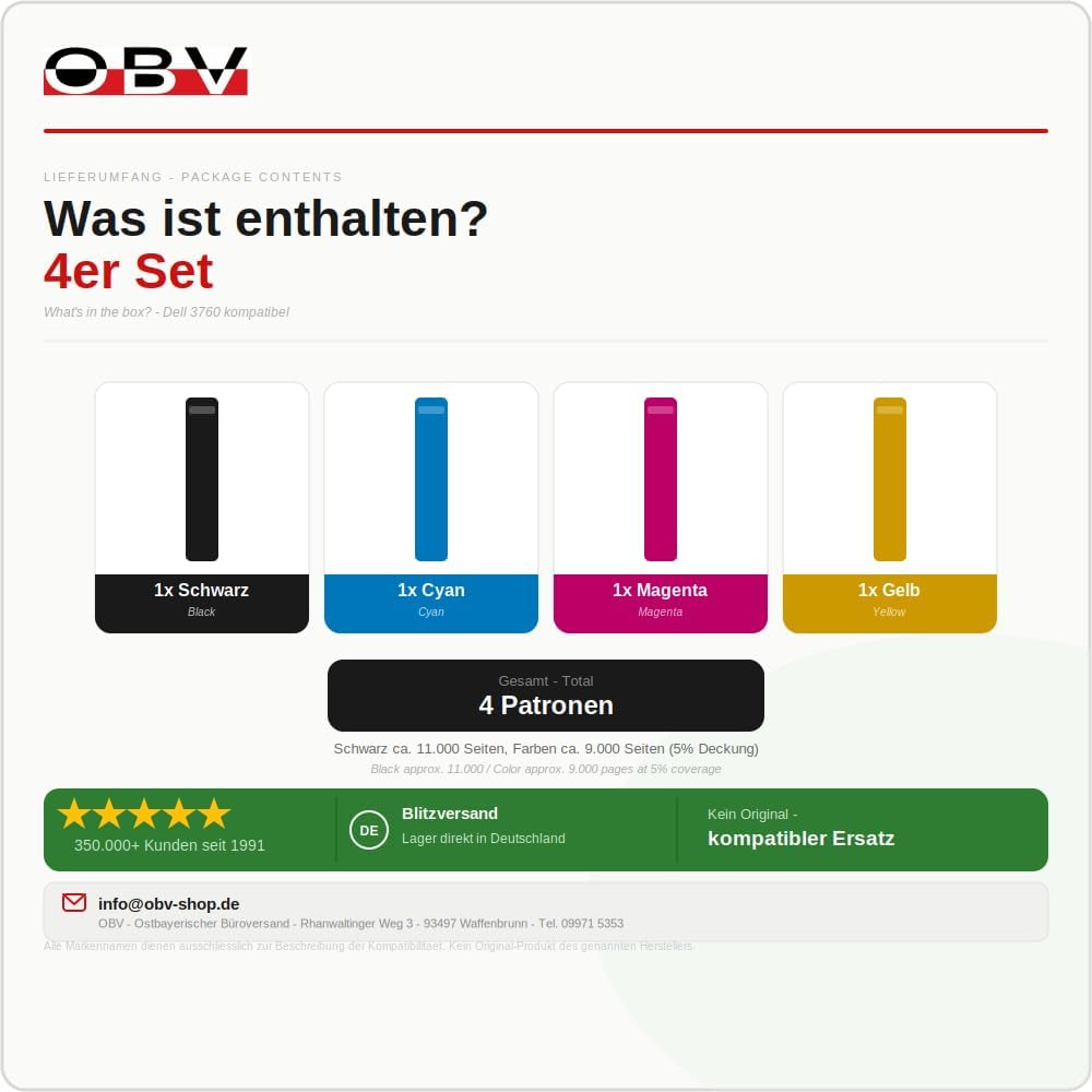 OBV 4X kompatibler Toner für Dell C3760dn C3760n C3765dnf C3760 C3765 Serie schwarz,Cyan,Magenta, ge