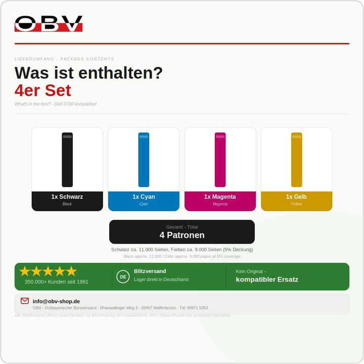 OBV 4X kompatibler Toner für Dell C3760dn C3760n C3765dnf C3760 C3765 Serie schwarz,Cyan,Magenta, ge
