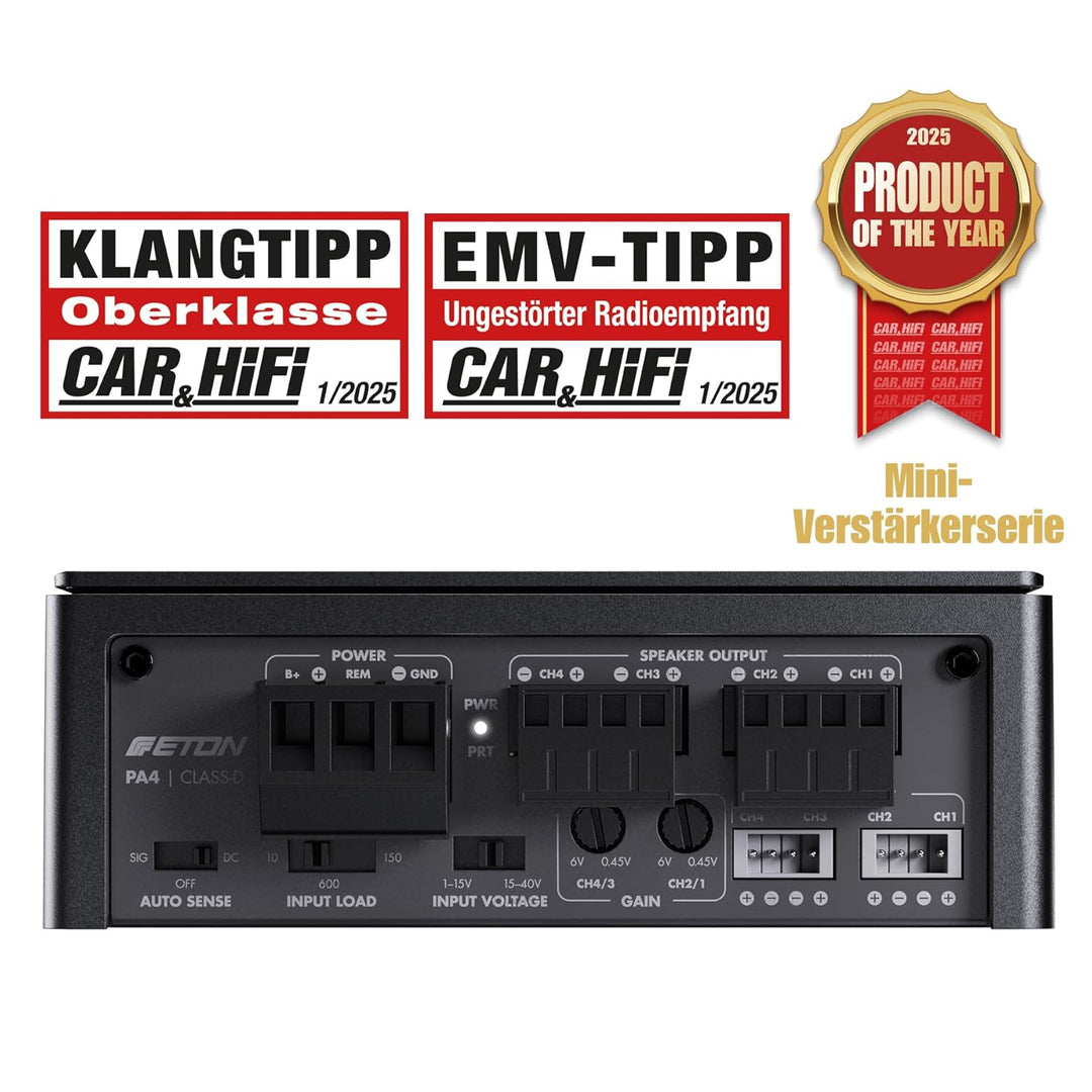 ETON PA 4 – ultra kompakter 4 Kanal Verstärker, leistungsstarke digitale Micro Endstufe für Autos un