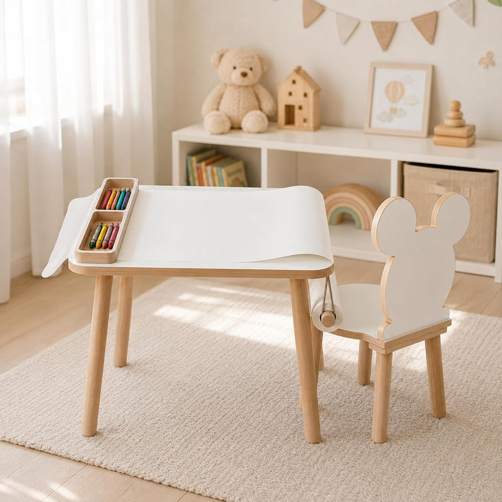 Kindertisch 50x 60x 47cm mit Papierrolle und Organizer– Holztisch für Kinderzimmer | Kinder Tisch, L