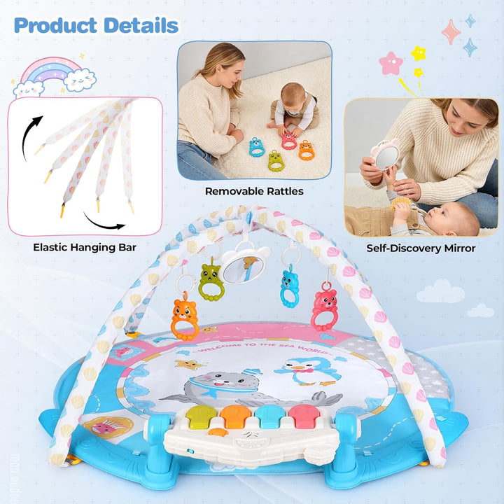 Baby-Spielmatte, Baby-Spielbogen mit Rassel, Klavier und Spiegel, Boden-Spielmatte (100 cm Durchmess