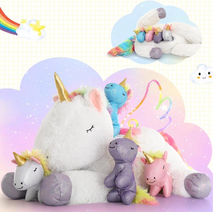 MorisMos Einhorn Kuscheltier XXL mit 4 Babys im Bauch, gross Einhorn Plüschtier Stofftier, riesen gr