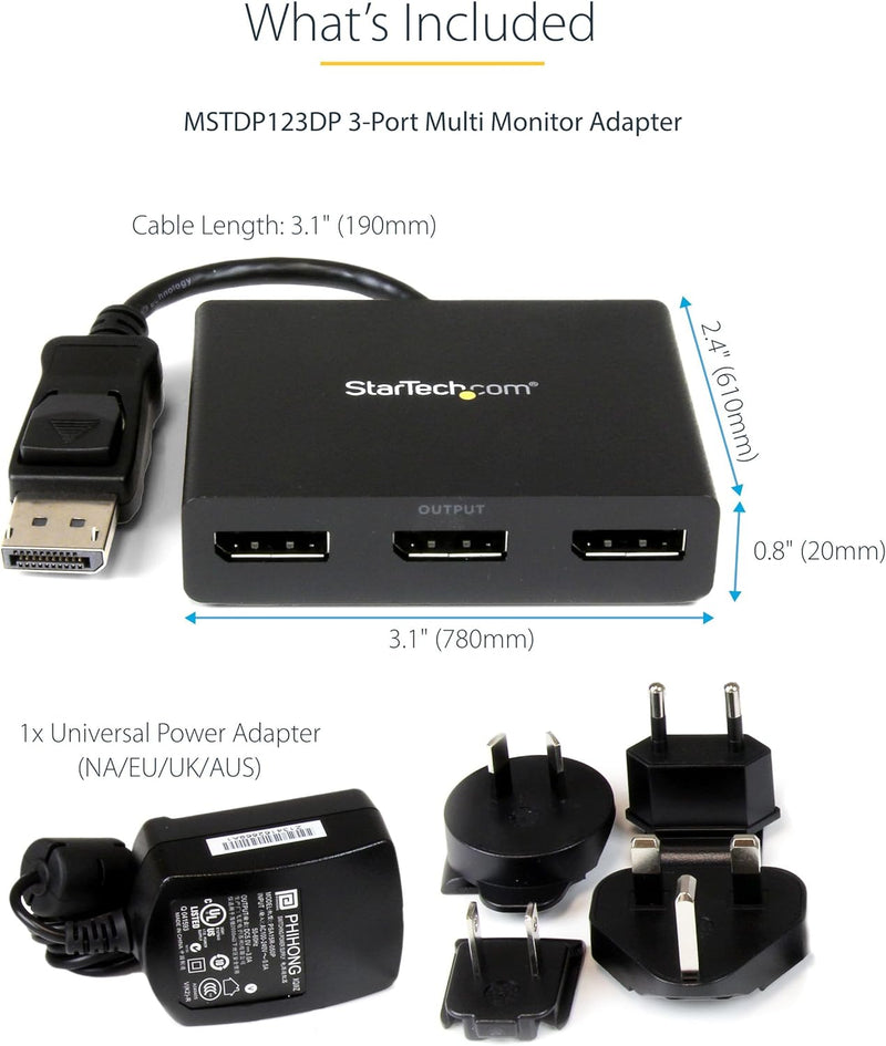 StarTech.com 3-Port Multi-Monitor DisplayPort Adapter, DP auf 3x DisplayPort 1.2 Splitter, Dual 4K 3