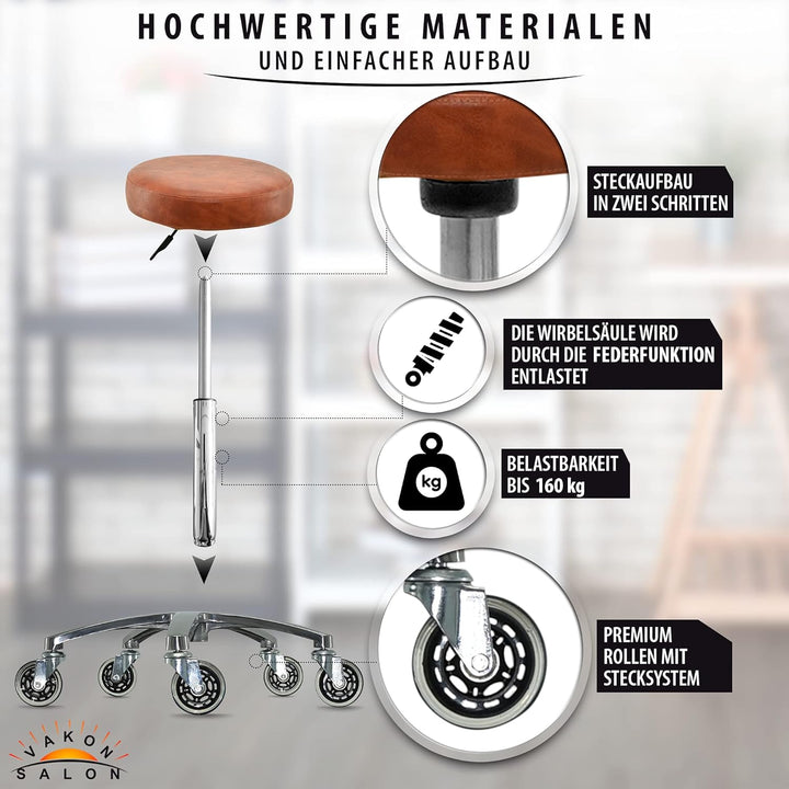 Premium Rollhocker Hellbraun höhenverstellbar von 55 bis 75 cm - Rundsitz- Drehhocker Arbeitshocker