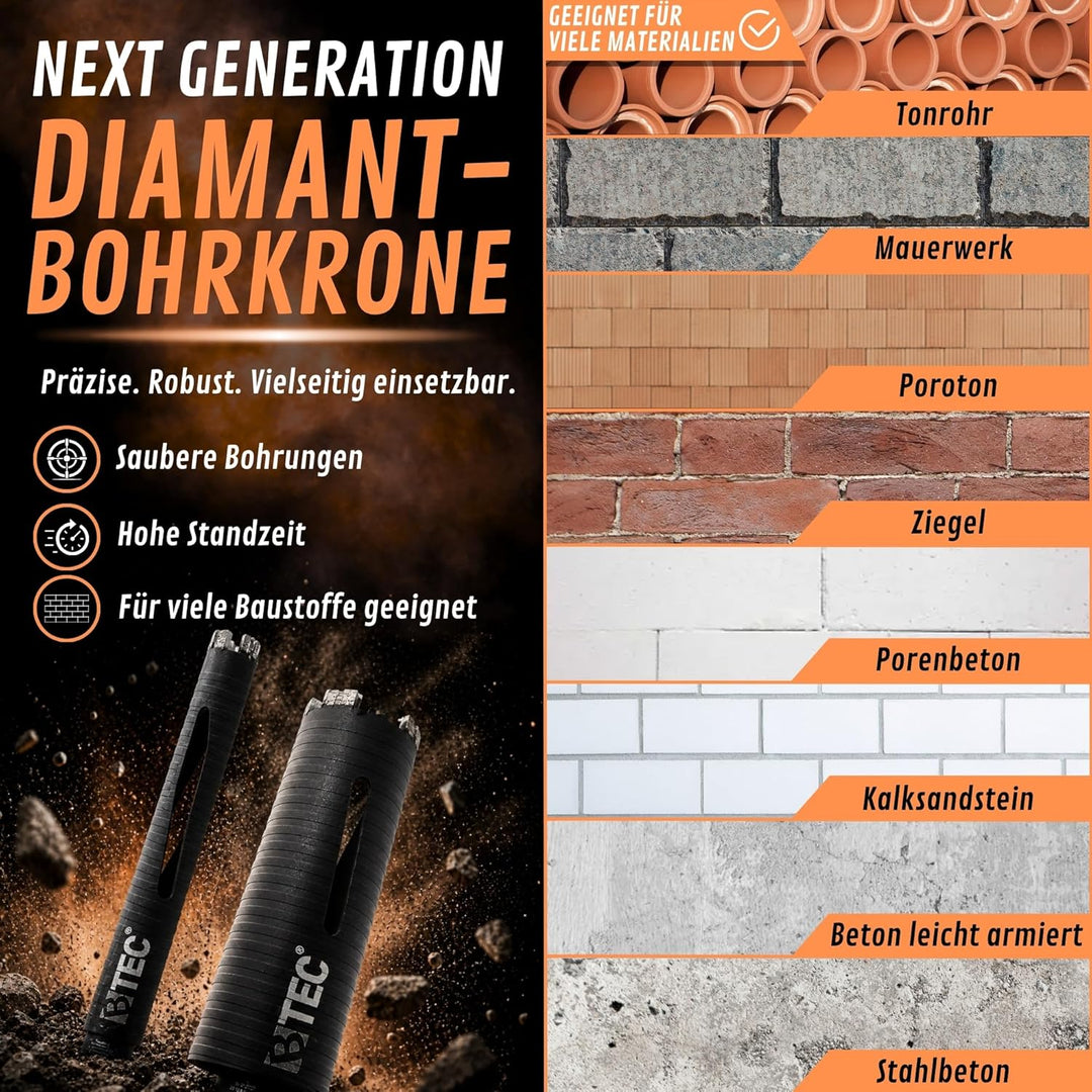 BTEC Premium Diamant Bohrkrone Beton Nutzlänge 180 mm, SDS-plus lang (200mm) Aufnahme und Zentrierbo