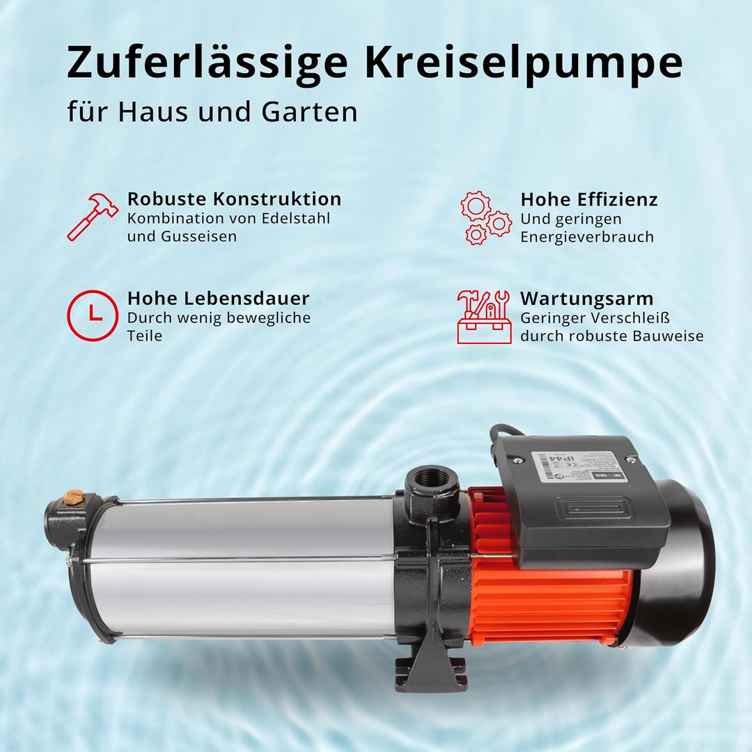 Grafner Premium Kreiselpumpe 10 Stufen, 5400 l/h 2200 Watt, 11 bar, Förderhöhe 110m, Ansaughöhe 8m,