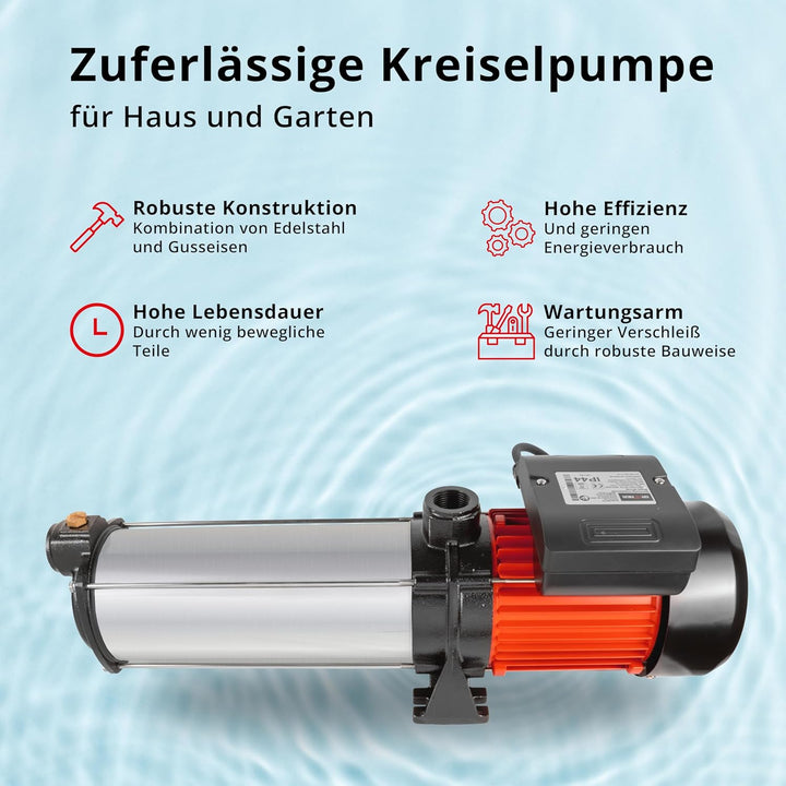 Grafner Premium Kreiselpumpe 10 Stufen, 5400 l/h 2200 Watt, 11 bar, Förderhöhe 110m, Ansaughöhe 8m,