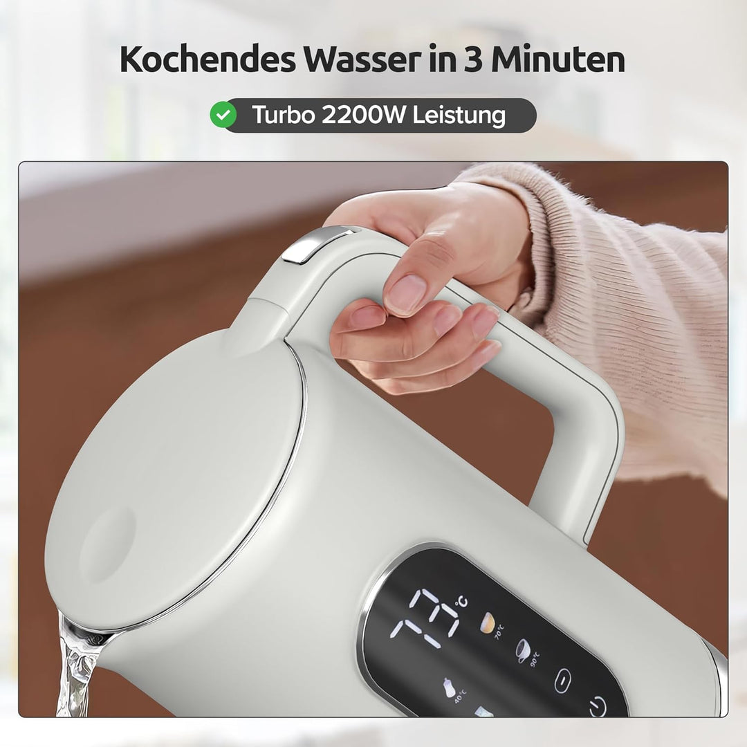 Olvy Elektrischer Wasserkocher 1,7L mit Temperaturkontrolle – Schnellkochender Edelstahl Heisswasser