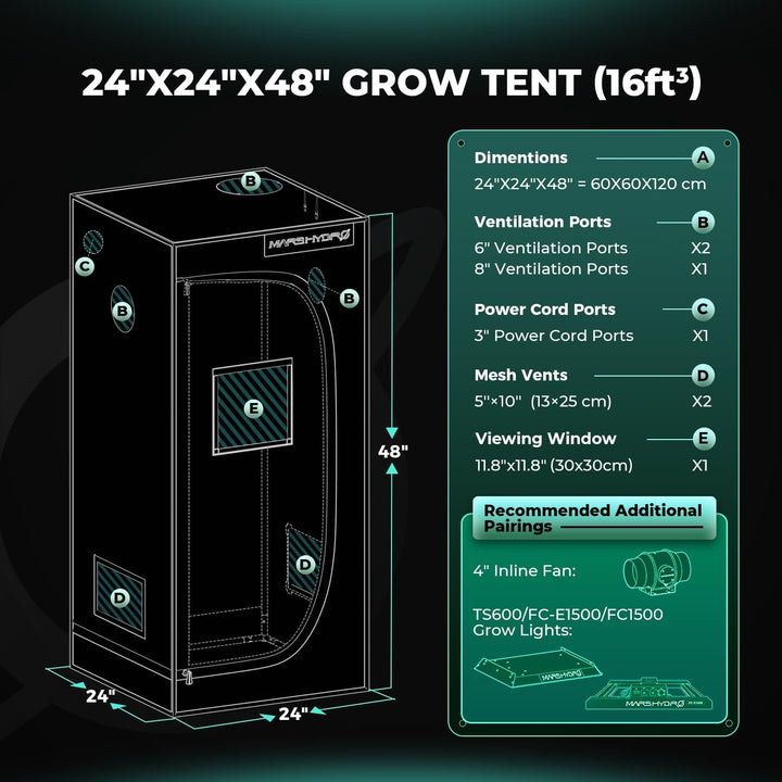MARS HYDRO Growzelt 60x60x120cm,Indoor Grow Tent Reflektierende Mylar Zuchtzelte Hydrokultur,abnehmb