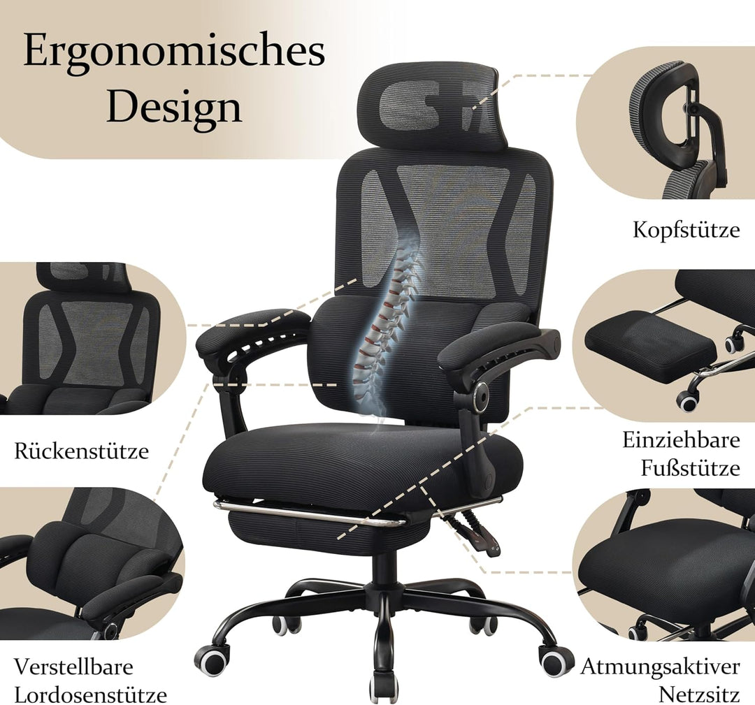 UEV Bürostuhl Ergonomisch mit Fussstütze, Homeoffice Stuhl, schwarz | Drehstuhl,Schreibtischstuhl,ne