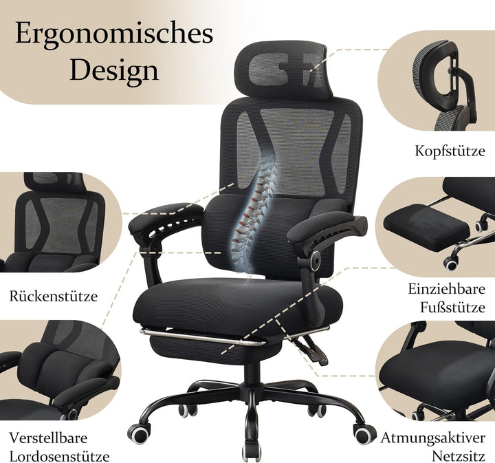 UEV Bürostuhl Ergonomisch mit Fussstütze, Homeoffice Stuhl, schwarz | Drehstuhl,Schreibtischstuhl,ne
