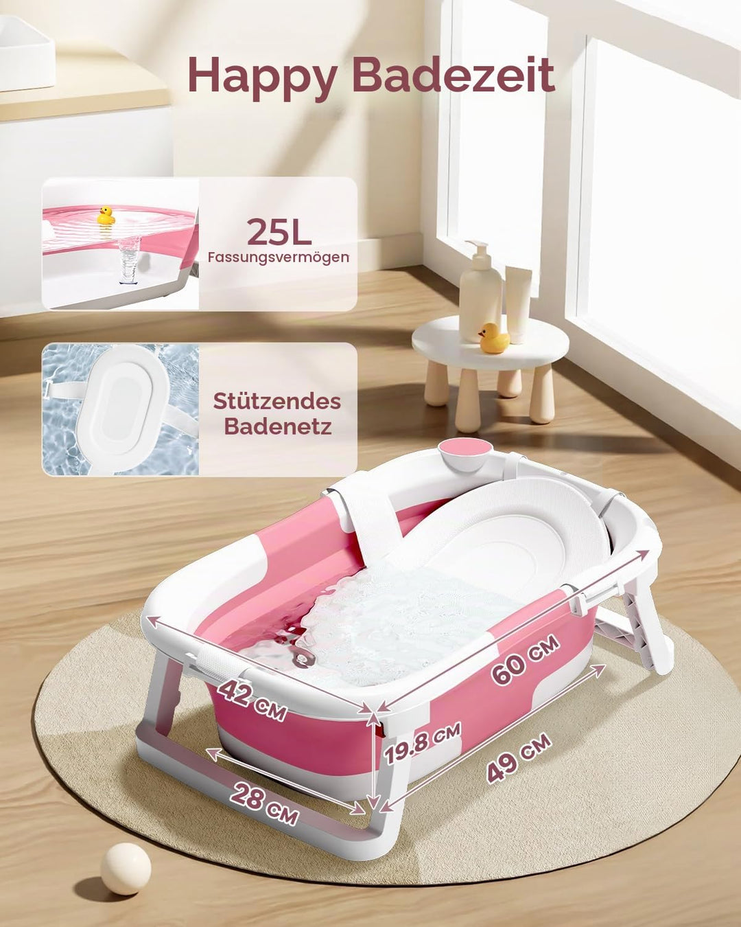 2-in-1 Baby Badewanne mit Gestell, Faltbare Badewanne Baby mit Badestütznetz, Geeignet für Neugebore