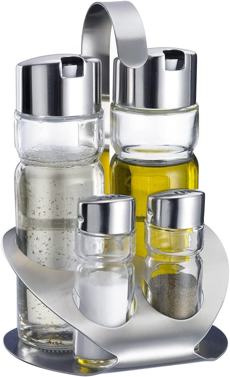 Westmark Menage Salz, Pfeffer, Essig und Öl, 5-tlg., Fassungsvermögen: 2x 40 ml/ 2x 160 ml, Rostfrei