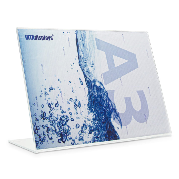DIN A3 Werbeaufsteller als Premium L-Ständer im Querformat, transparenter, standfester Tischaufstell