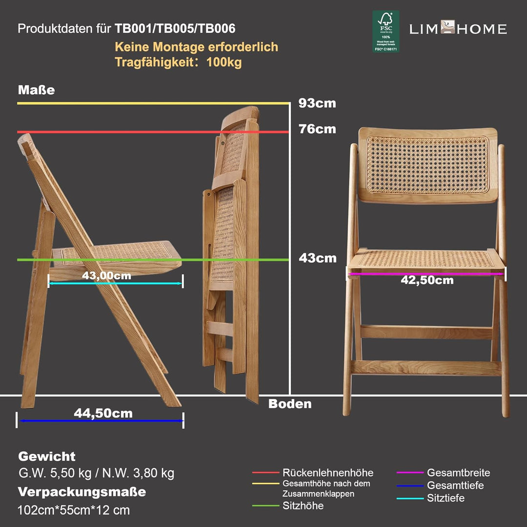 LIMHOME Neu | 2er Set Essstuhl Klappstuhl Holz/Rattanstuhl aus Holz und Wiener Geflecht Holzklappstu