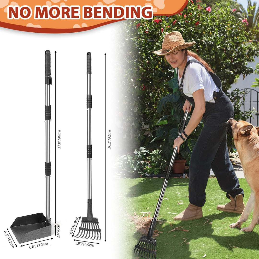 Hundekotschaufel Set mit 96cm langem Griff – Abnehmbares Metalltablett, Rechen für grosse, mittelgro
