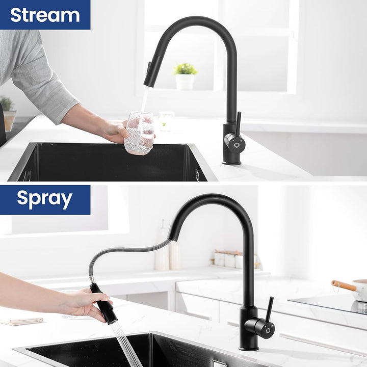 CECIPA Niederdruck Armatur Küche Schwarz, Wasserhahn Küche 3 Anschlüsse mit Hohem Bogen, 360°Schwenk
