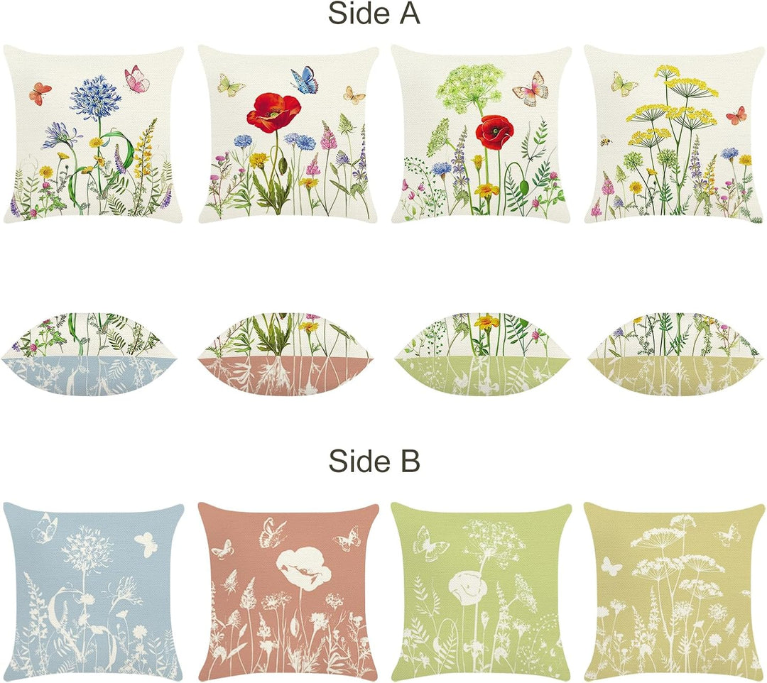 Bonhause 4er Set Kissenbezüge Blumen Garten 45 x 45 cm Doppelseitig Frühling Schmetterling Dekorativ