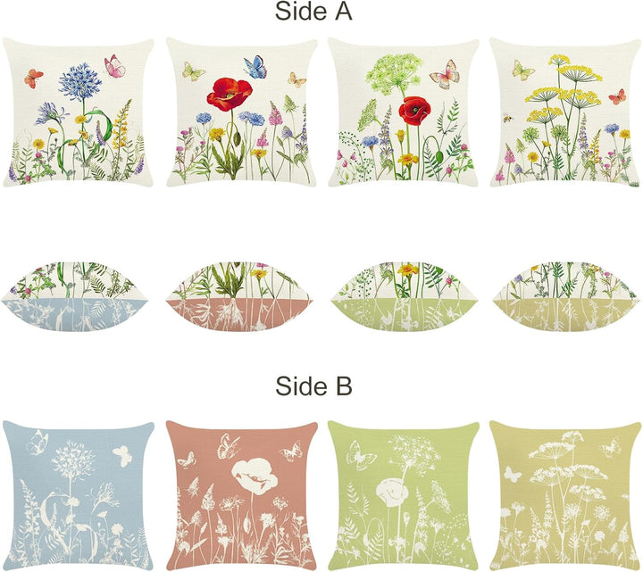 Bonhause 4er Set Kissenbezüge Blumen Garten 45 x 45 cm Doppelseitig Frühling Schmetterling Dekorativ