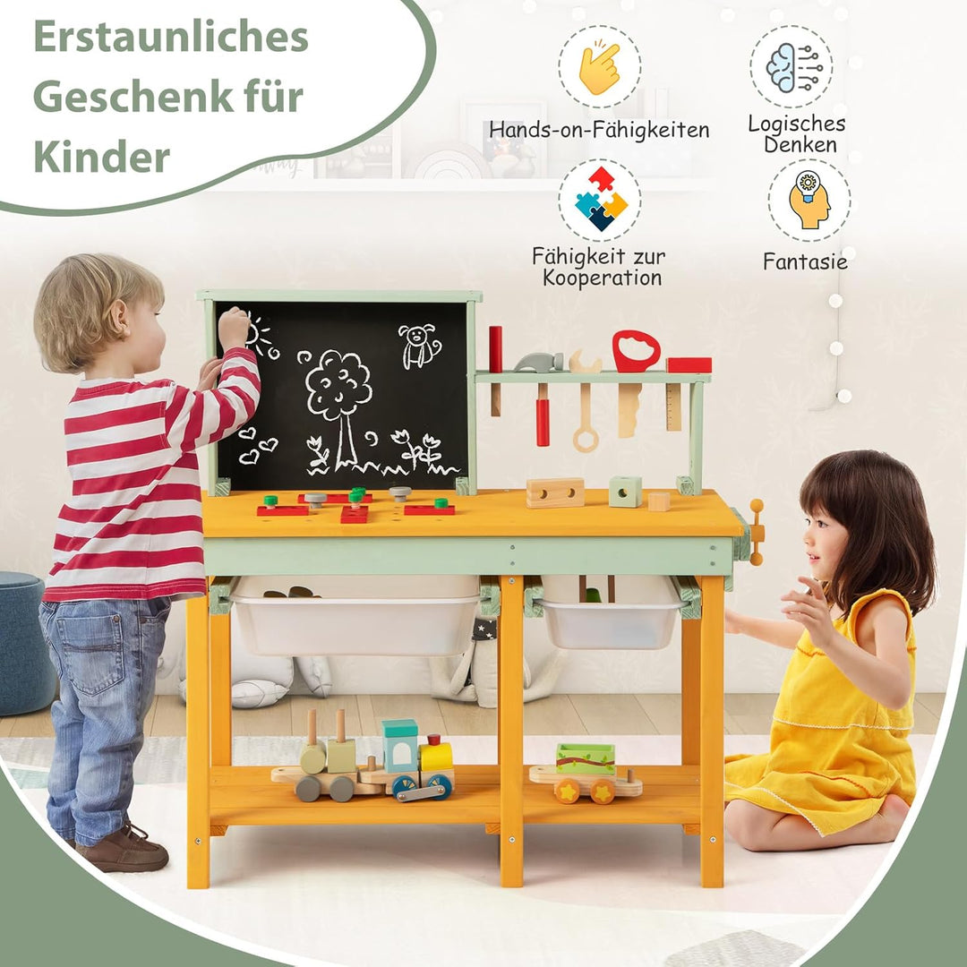 COSTWAY Werkzeugbank Kinder, Spielwerkbank aus Holz mit Tafel &amp; 2 Aufbewahrungsboxen, Werkstatt Werk