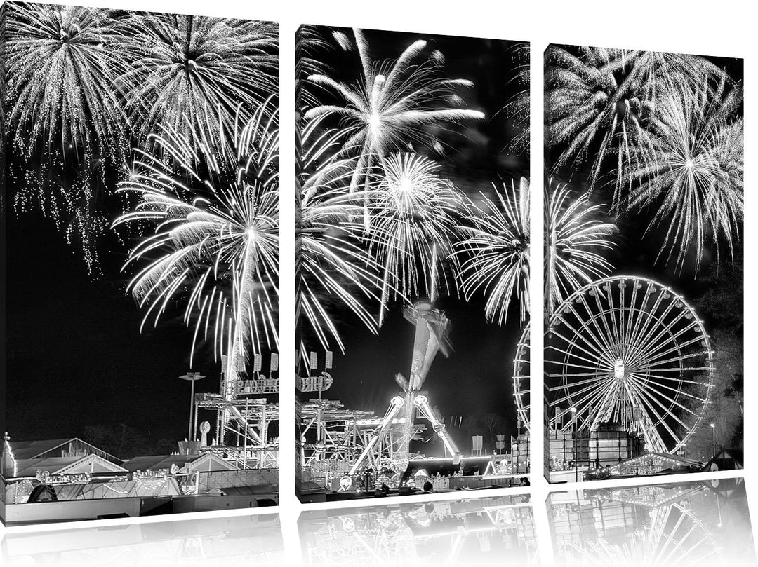 Pixxprint Monocrome, Silvester Riesenrad, Feuerwerk 3-Teiler Leinwandbild 120x80 Bild auf Leinwand