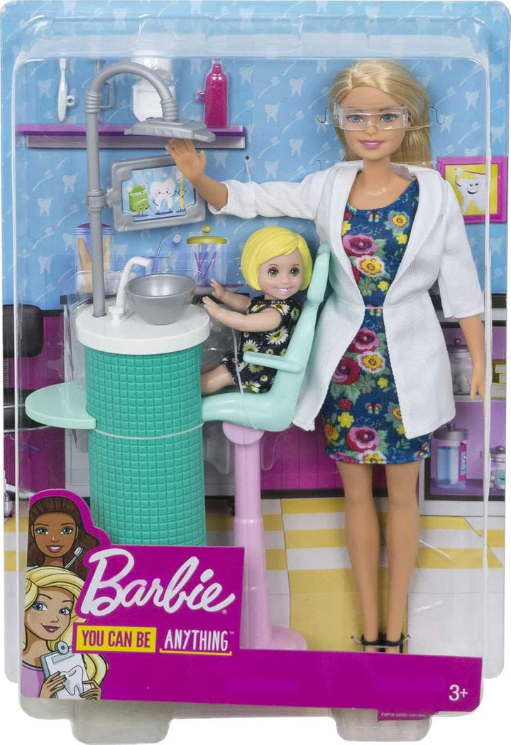 Barbie FXP16 - Zahnärztin-Puppe, Blonde, Spielset, kleine Patientenpuppe, Spülbecken, Behandlungsstu