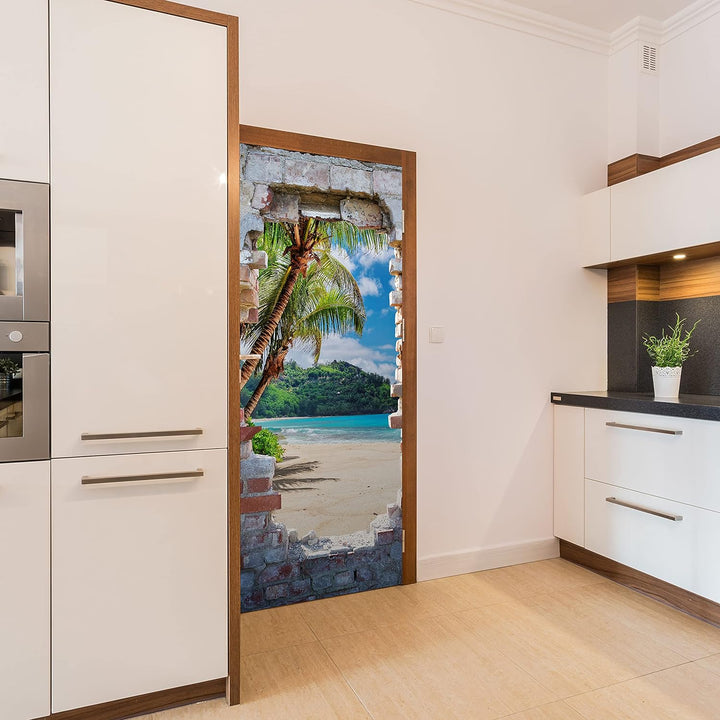 wandmotiv24 Türtapete 3D Steinwand, Paradies, Meer, Strand 90 x 200cm (B x H) - Dekorfolie selbstkle