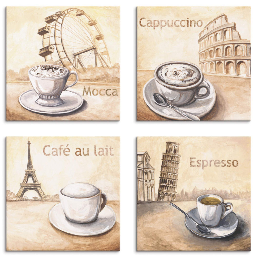 ARTLAND Wanddeko Küchenbilder Leinwand Bilder Set 4 teilig je 30x30 cm Quadratisch Kaffee Bilder Cap