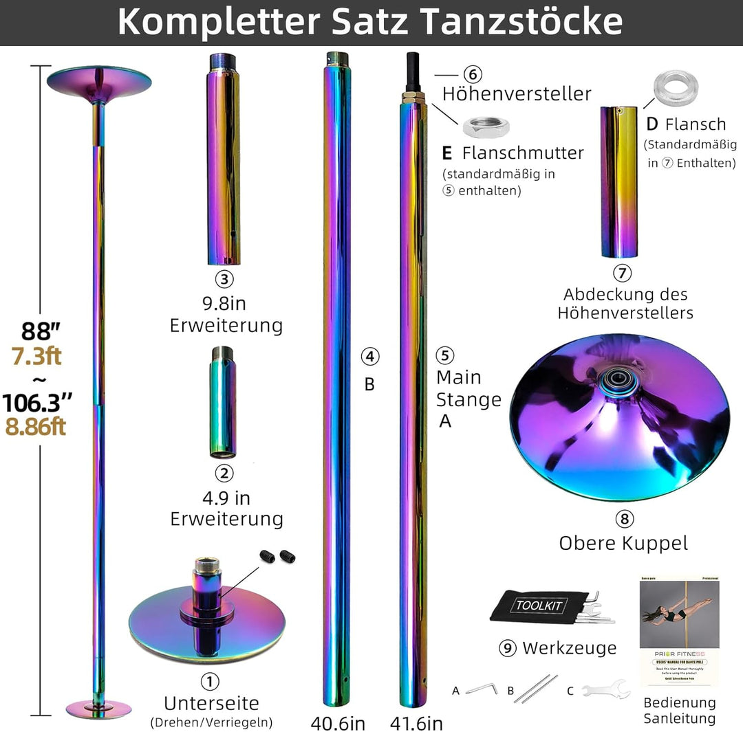 PRIOR FITNESS Pole Dance Tanzstange 45mm von 2,35 bis 2,74 m Höhenverstellbar,2 Modi: drehend/statis
