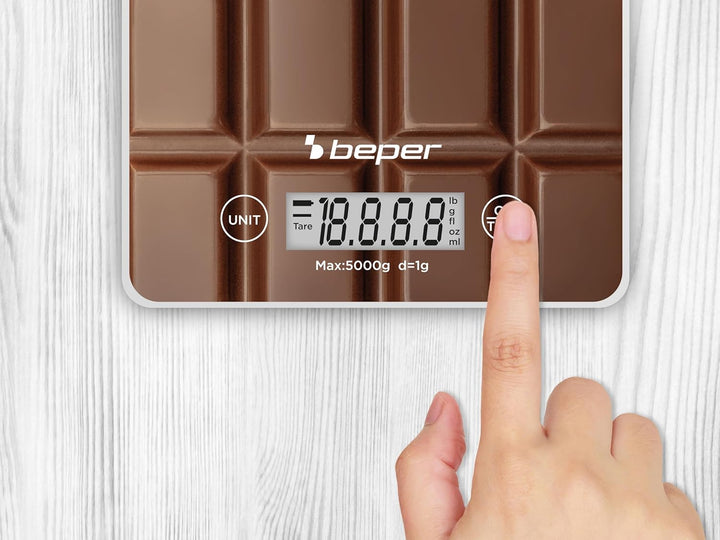BEPER P102BIL002 Digitale Küchenwaage, Gehärtete Glasplatte, Küchenwaage mit LCD-Display und Touch-T