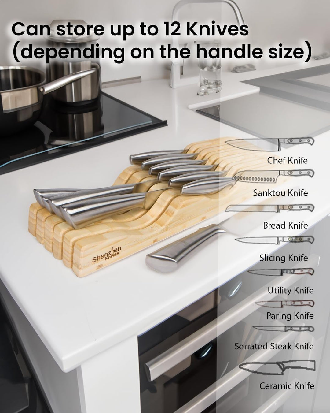 Shenzhen Knives Grosser Schubladen-Messerblock: 11 Slot (hält 10-12 Messer) Leerer Bambusholz-Messer