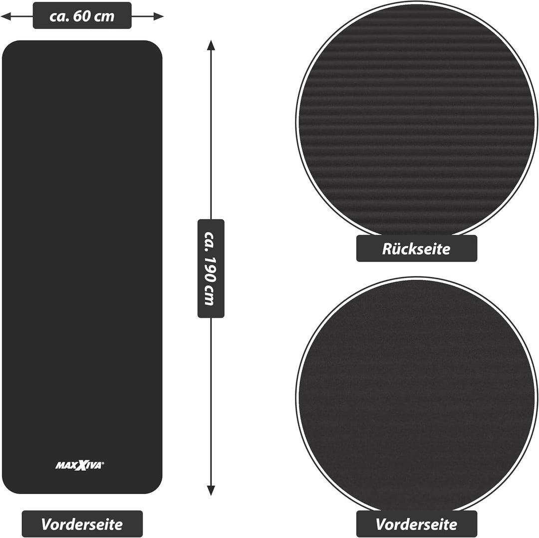 MAXXIVA® Yogamatte - 190x60x1,5 cm oder 190x100x1,5 cm, mit Tragegurt, Phthalatfrei, Rutschfest, Far