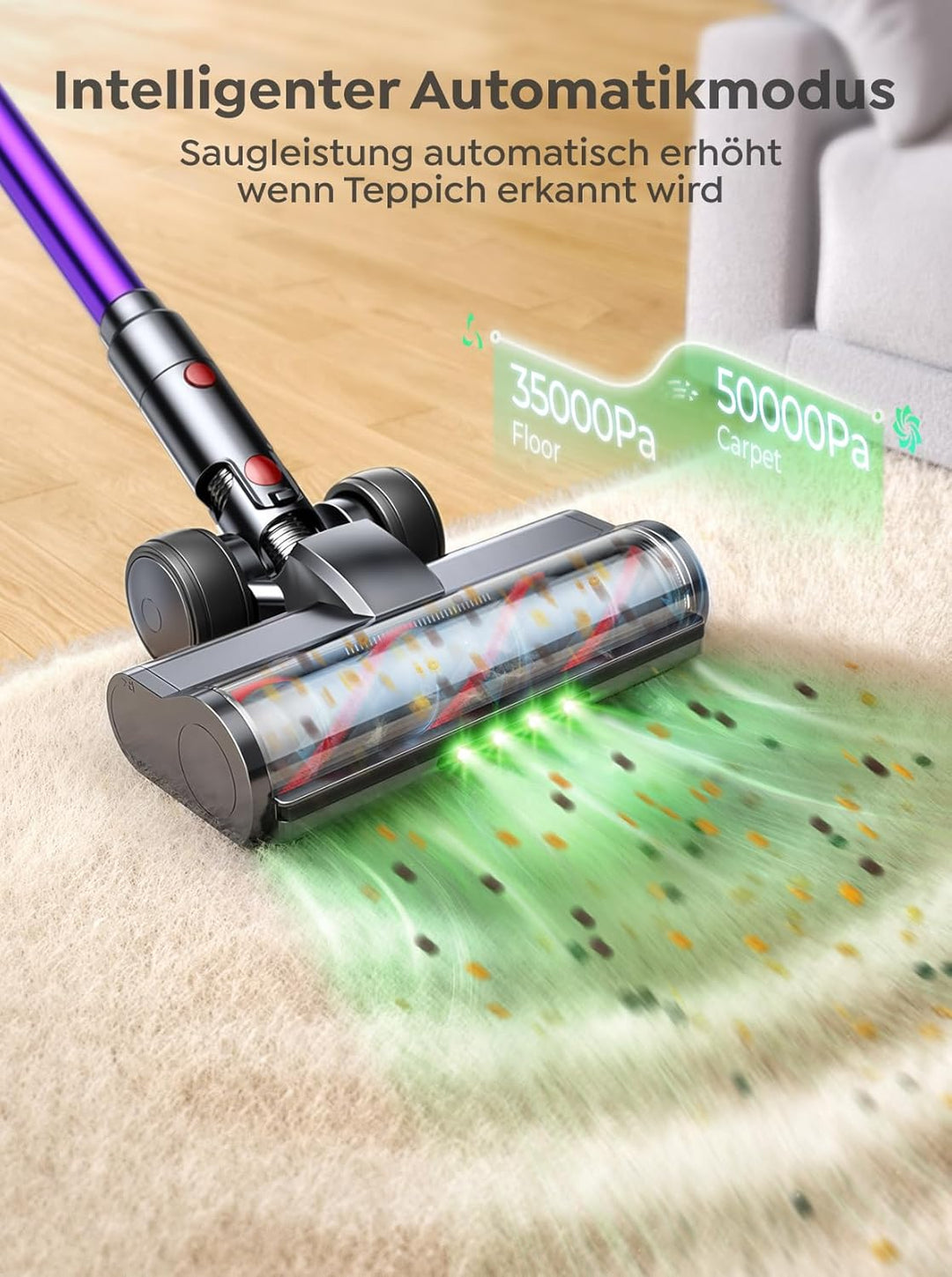 Akku Staubsauger,50KPa/600W/65Min Staubsauger Kabellos mit wandmontierbarer Ladestation,Grünlicht-Au