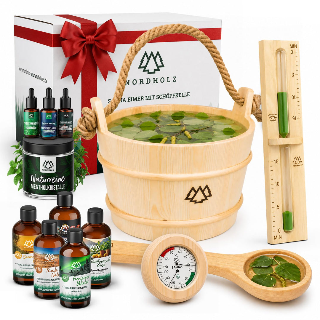 NORDHOLZ® Sauna Zubehör Set - [4x100ml] Sauna Aufgussmittel + [50Gr] Mentholkristalle Sauna + Sauna