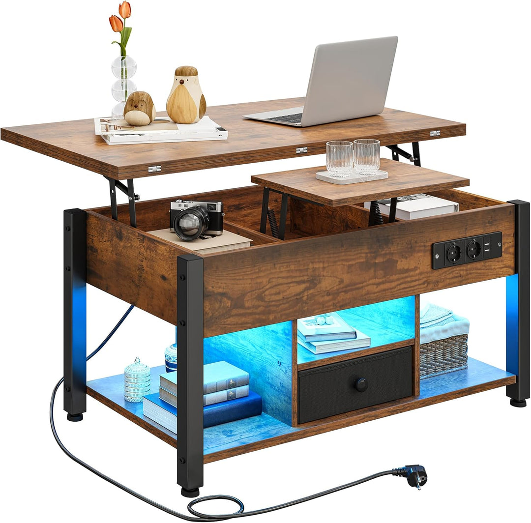 YITAHOME Couchtisch mit Höhenverstellbarer, 4-in-1-Multifunktions-Couchtisch mit Stauraum und LED Be