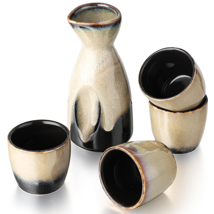 Keramik Sake Satz für Wärmeren Liquor Sake Set 1 Sake-topf mit 4 Sake Becher (Gelb Schwarz), Gelb Sc