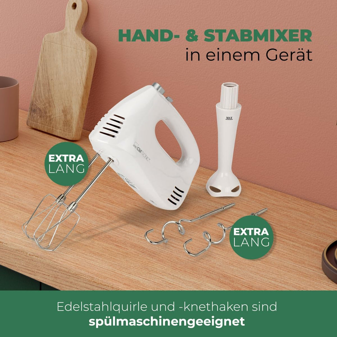 Clatronic Handmixer HM 3524, Set mit Mixstab, Edelstahlquirle & extra lange Knethaken, 5 Geschwindig