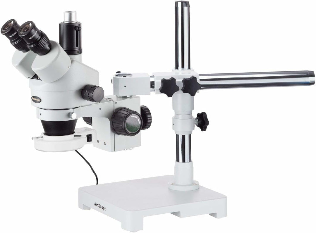 AmScope SM-3TZ-54S Boom Ständer Trinokulares Zoom Stereomikroskop mit 54 LED-Licht, 3.5X-90X, Weiss