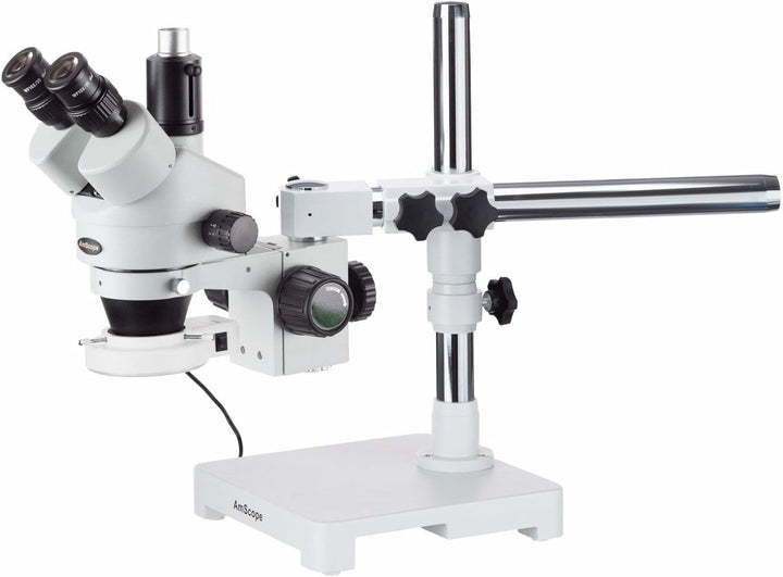 AmScope SM-3TZ-54S Boom Ständer Trinokulares Zoom Stereomikroskop mit 54 LED-Licht, 3.5X-90X, Weiss