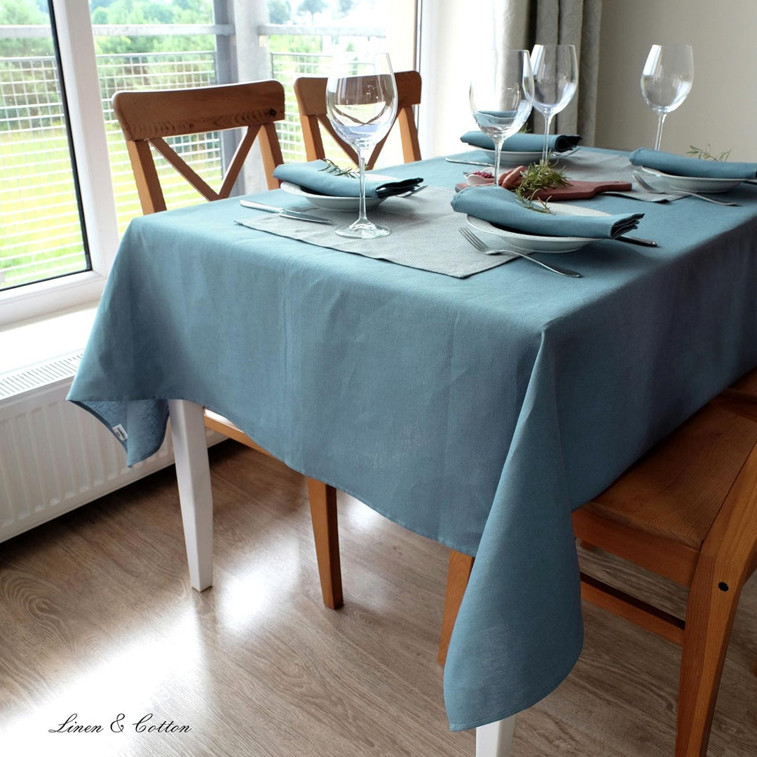 Linen &amp; Cotton Tischdecke Stoff Tischtuch Decke Tischwäsche Caerula - 100% Leinen, Blau (147 x 200 c