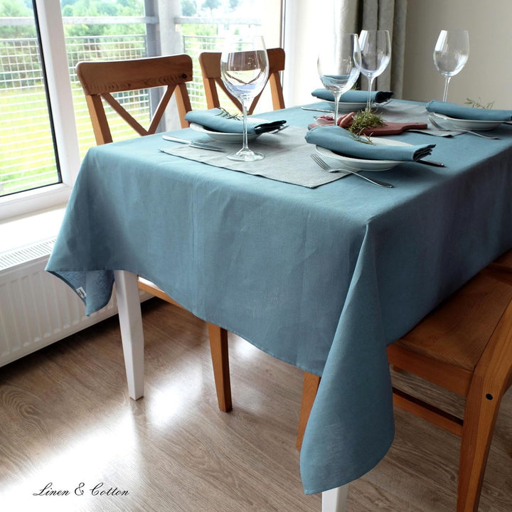 Linen &amp; Cotton Tischdecke Stoff Tischtuch Decke Tischwäsche Caerula - 100% Leinen, Blau (147 x 200 c