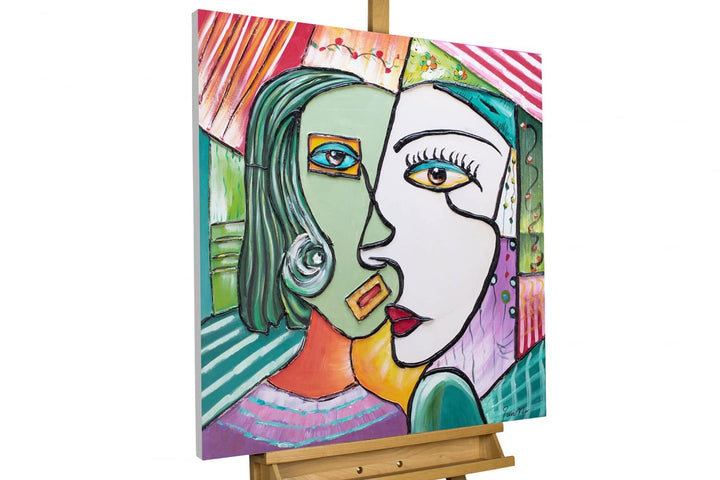 KunstLoft Leinwandbild | 100% HANDGEMALT | 80x80cm | Gemälde 'Perfect Completement' | Gesicht | Bunt