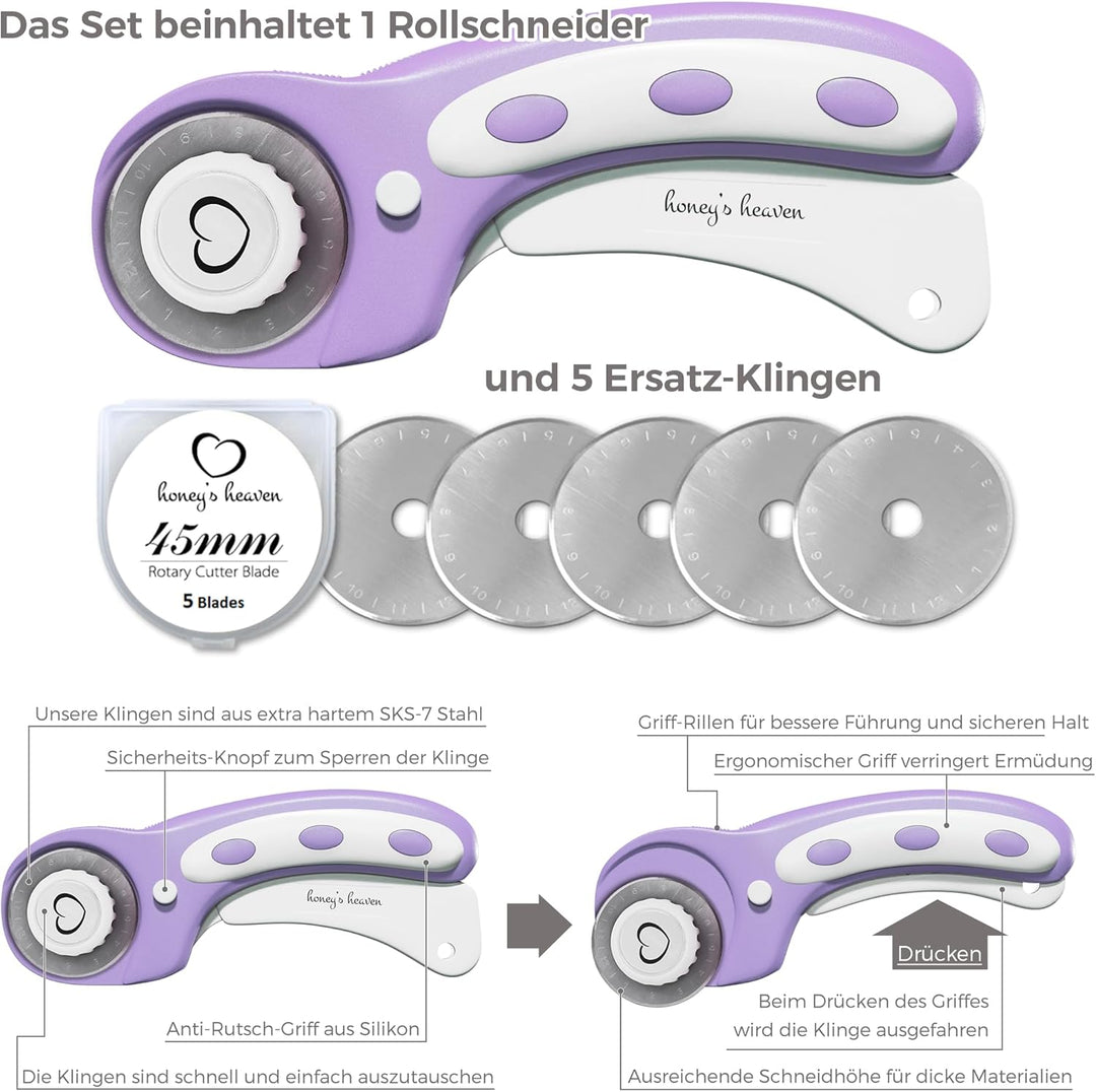 Honey's Heaven 45 mm Rollschneider Stoffschneider Set inkl. Schneideunterlage, Ersatzklingen, Stoffk