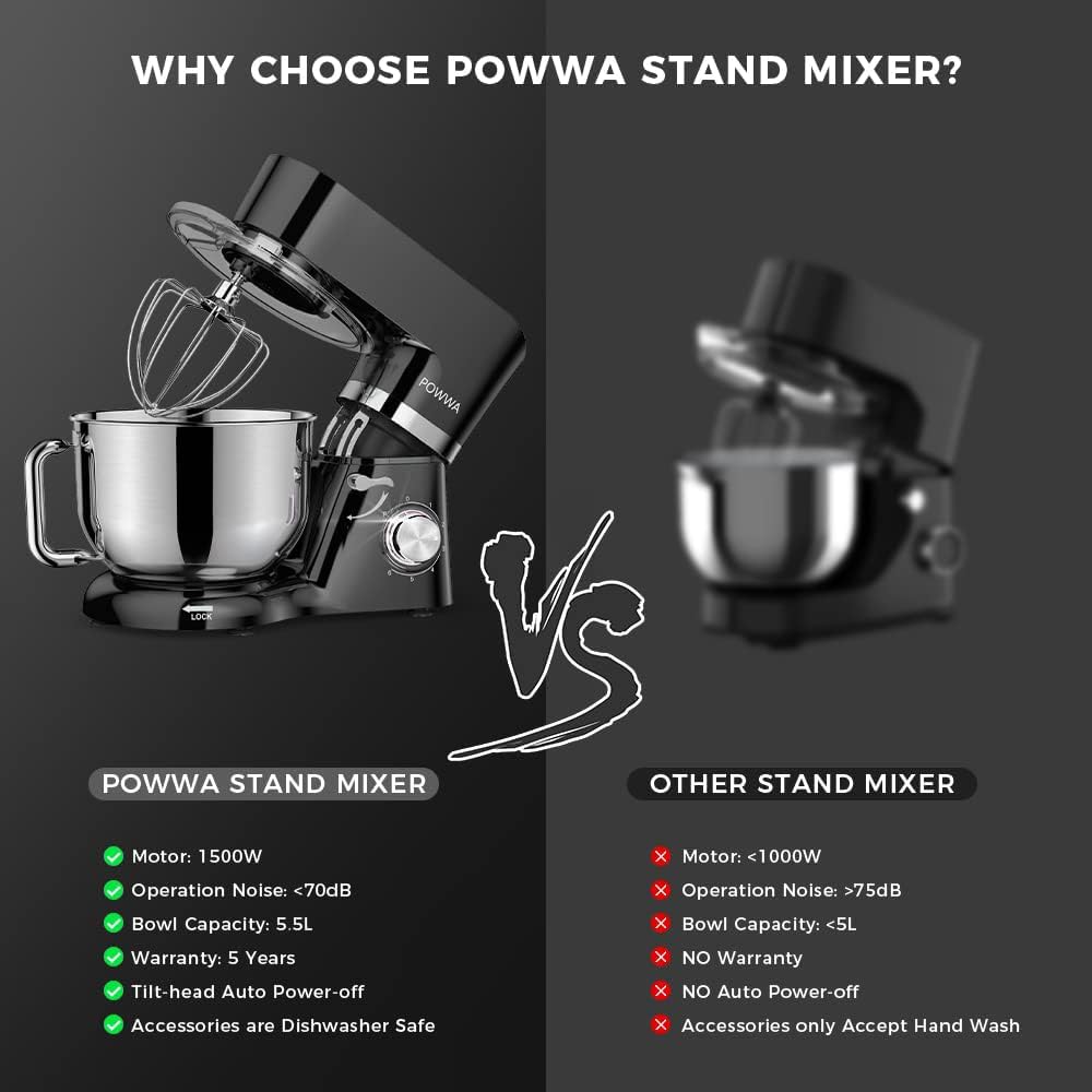 Küchenmaschine, POWWA 5,5 L Rührmaschine Knetmaschine, 6+1 Geschwindigkeit Teigmaschine,1500W Teigkn