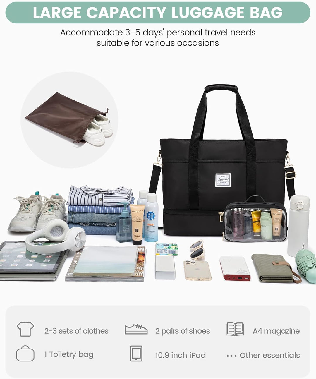 LOVEVOOK Reisetasche Damen Gross, Wasserdicht Weekender Travel Duffel Bag mit Schuhfach, Kliniktasch