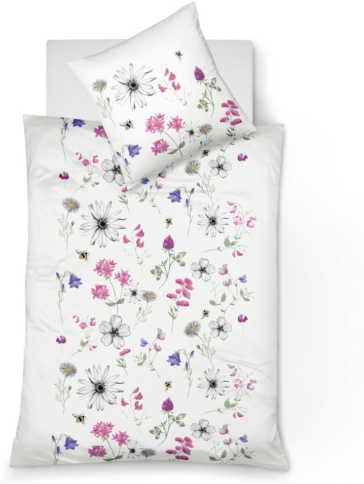 fleuresse 113825, sommerliche Mako-Satin-Bettwäsche, sommerliche Blumen mit Bienen, Oeko-TEX® Standa