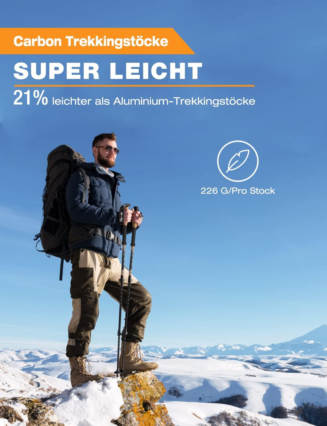 Glymnis Carbon Nordic Walking Stöcke Wanderstöcke verstellbar 65-135cm Trekkingstöcke Klemmverschlus