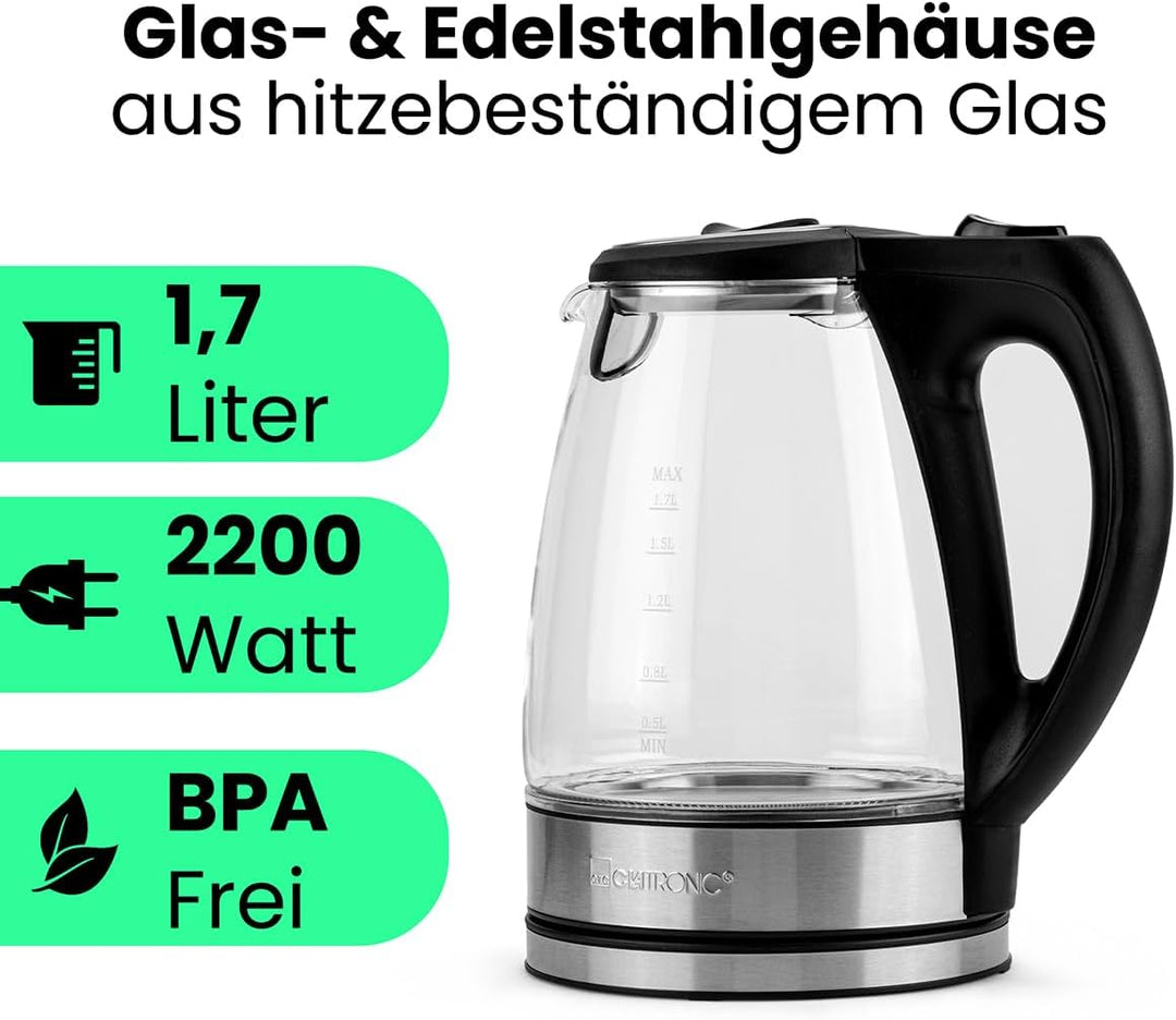 Clatronic® Wasserkocher Edelstahl 1,7 Liter | BPA frei | Glaswasserkocher | 2200W | Sicherheitsglas