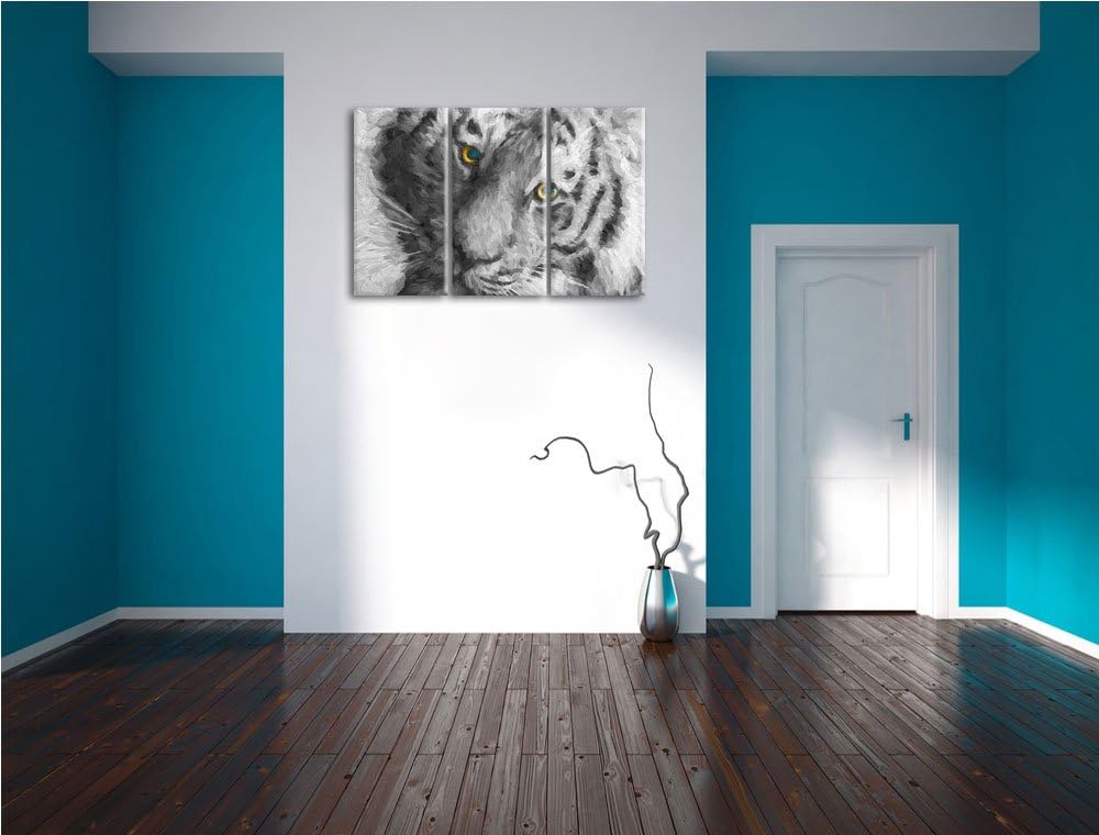 bildschöner Tiger schwarz/weiss Deluxe 3-Teiler Leinwandbild 120x80 Bild auf Leinwand, XXL riesige B