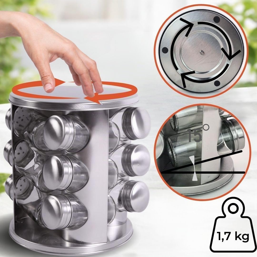 Gewürzregal Set- 12 Gewürzgläser Edelstahl - 360° drehbarer Gewürzständer für Küche -Gewürzkarussell